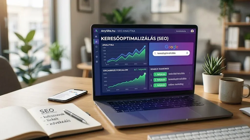 Modern laptop kijelzője SEO analitikai grafikonokkal és keresési találatokkal.