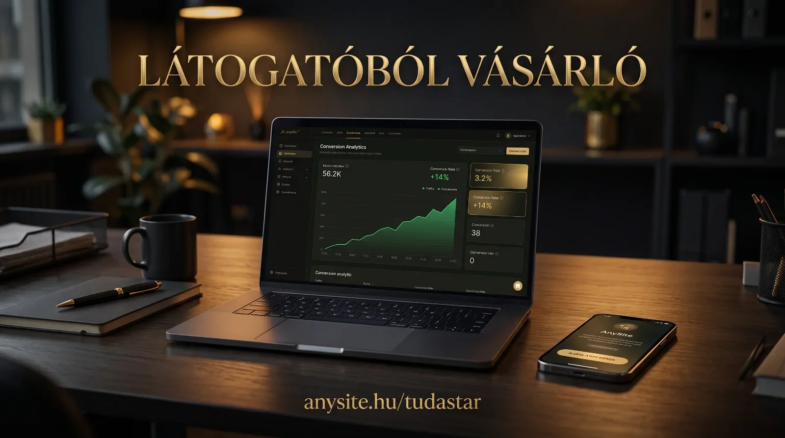 Konverziós arány növekedése és analitikai műszerfal laptop képernyőn
