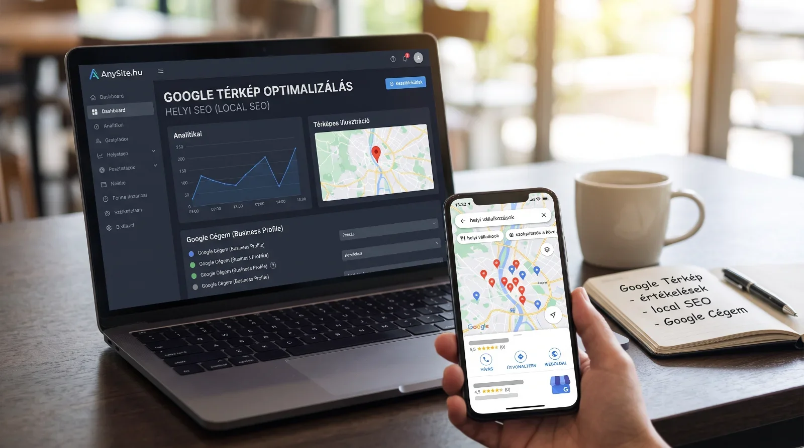 Okostelefon kijelzője Google Térkép helyi vállalkozások találati listájával és értékelő csillagokkal.